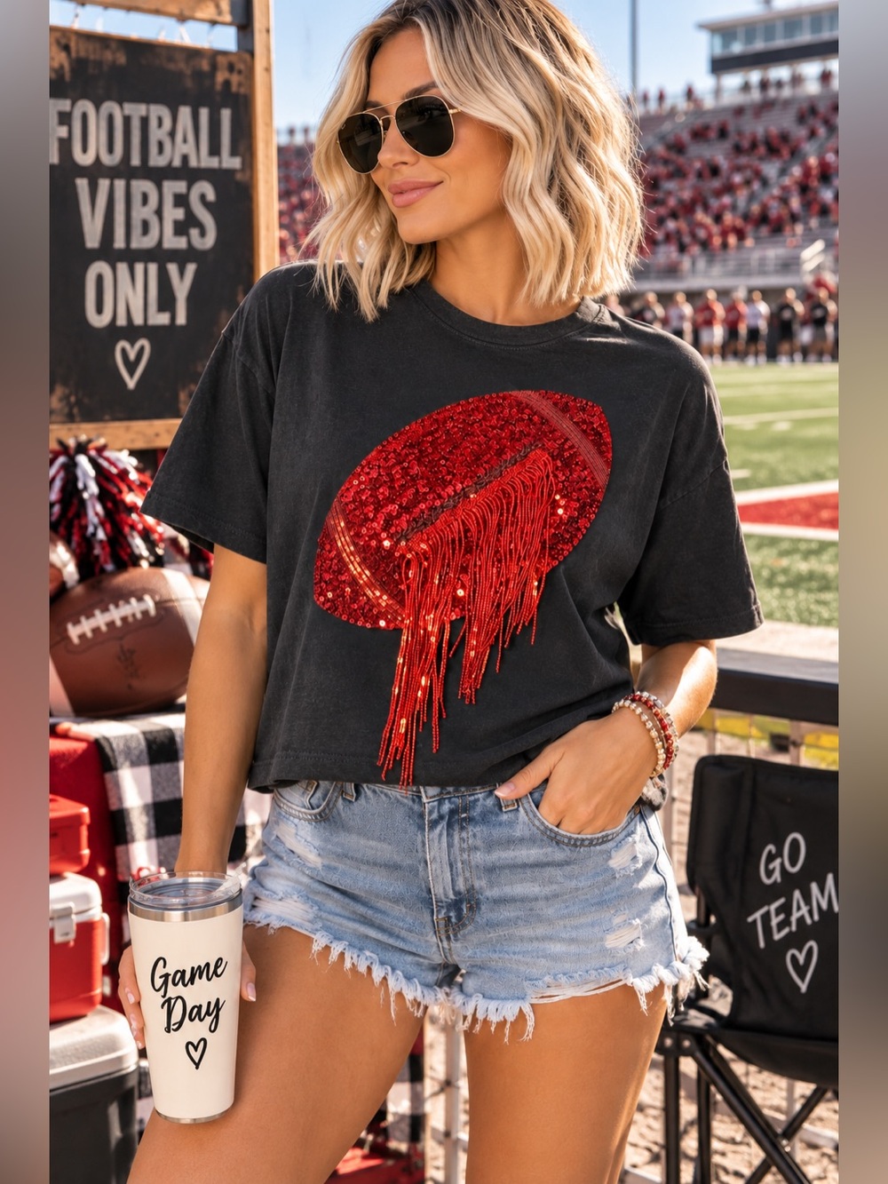 Black Sequin Fringe Football Graphic Tee - Women's Game Day Top - 1113-1116